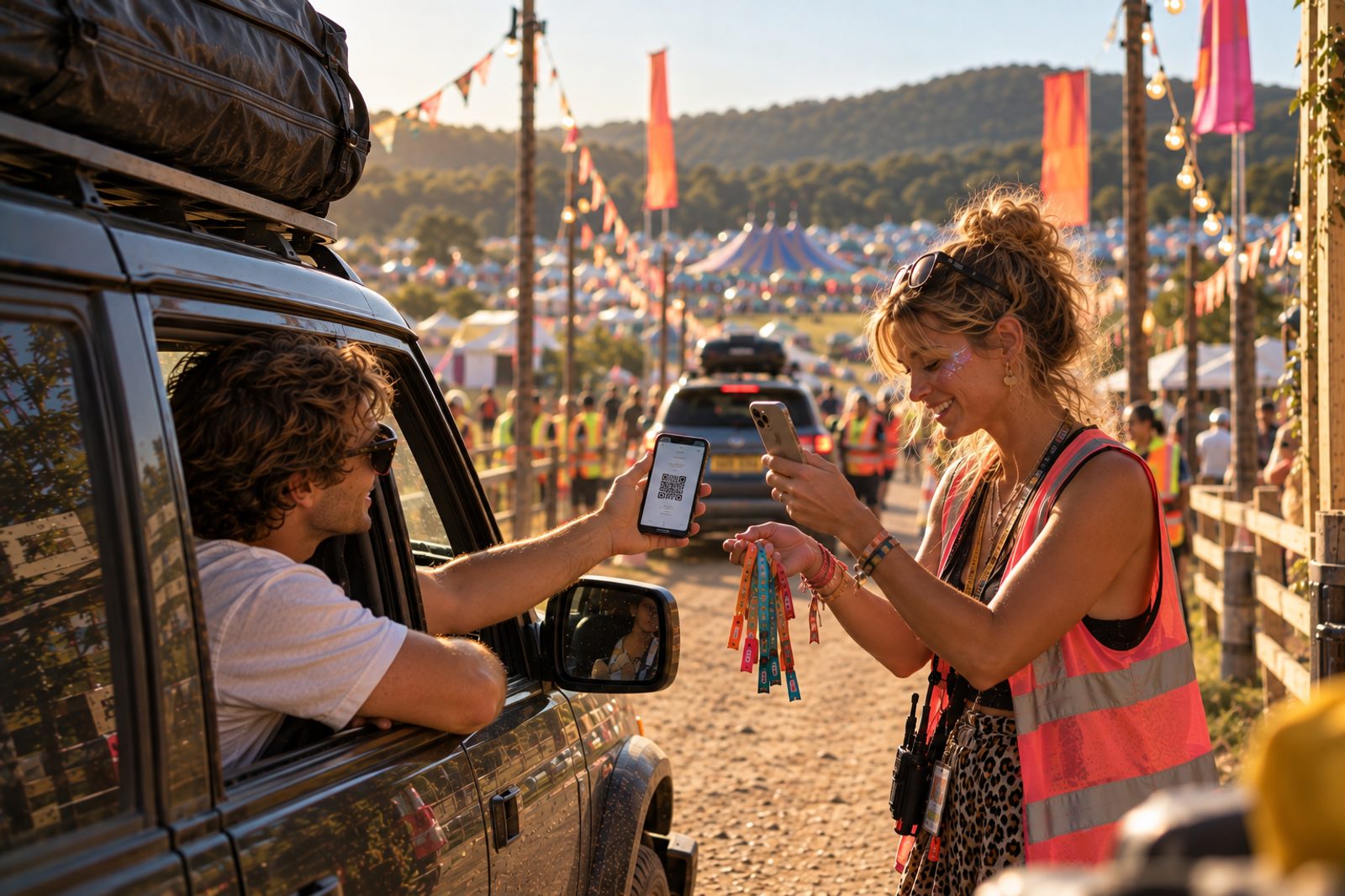 A steward in a hi-vis vest scans a driver's phone QR at the festival entrance and hands over wristbands